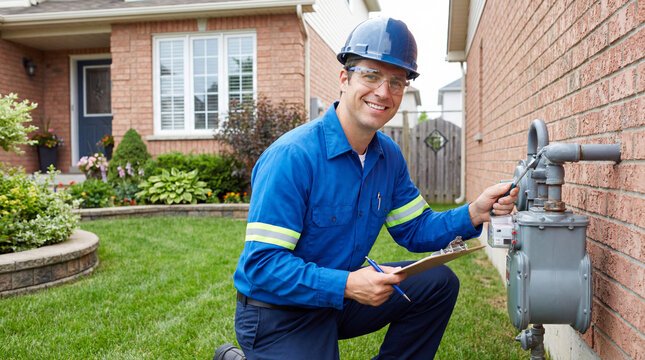 Smiling technician inspecting gas meter outside residential building. Technician wearing safety gear checks gas meter while holding clipboard in front of house.