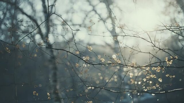 Tree branches with early buds are illuminated by bright morning sunlight, creating a soft lens flare and bokeh against a hazy, serene natural background