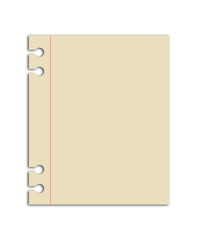 Blank cream notebook paper sheet with red line and punched holes isolated on transparent background