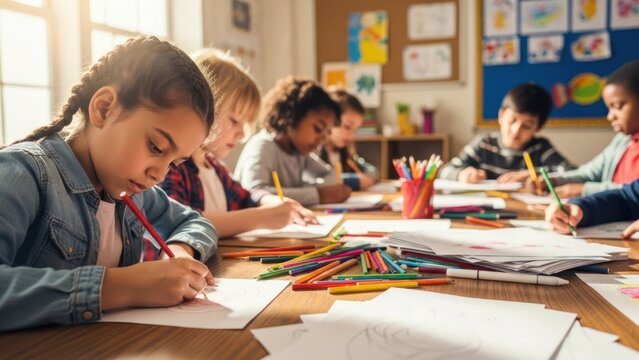 Focus and Creativity: Young students intently engrossed in their artwork within a bright, nurturing classroom setting. Emphasizing the value of education, art, and the potential of young minds.