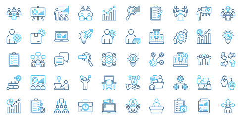 Obraz premium Business Presentation Icon Set. Containing Meeting, Project Management, Conference, Statistics, Analytics, Planning, Business People, Workshop Icon. Outline color Vector