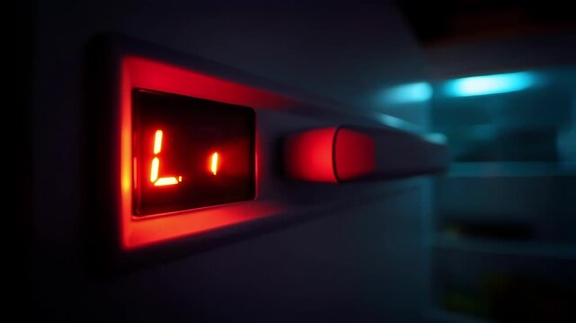 Upright fridge door closed temperature display at 4C glowing red the cool interior blurred in the background