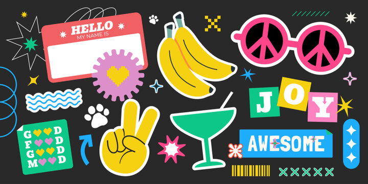 90s Y2K Sticker Collage With Peace Sign Sunglasses Bananas Cocktail Glass Hello Name Tag Good Food Good Mood Joy Text. Retro Funky Groovy Graphic Elements