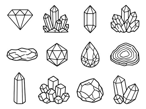 Hand drawn line art crystal and gem set featuring faceted diamonds, raw rocks, and crystal formations for jewelry, geology, or mystical designs