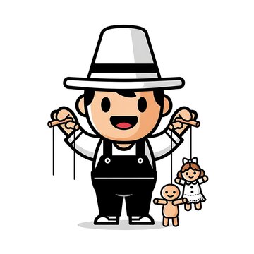 Cartoon Puppeteer Controlling Children Marionettes.