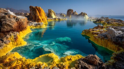Surreal landscape of geothermal pools featuring vibrant yellow sulfur deposits and turquoise water with steam rising from active vents.
