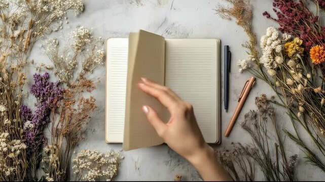Open notebook surrounded by dried flowers and pens on gray table