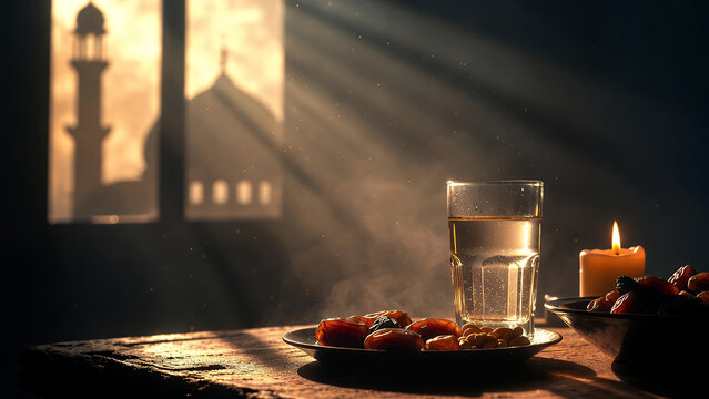 Traditional Iftar Meal with Dates, Water, and Candle by Mosque Window