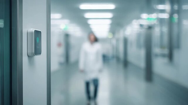 Medium frame capturing a lab technicians RFID badge activating a reader at a highsecurity lab entrance with the environment out of focus.