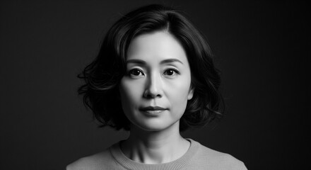 Fototapeta premium 落ち着いた表情と知的な雰囲気が漂う、緩めパーマが似合う40代日本人女性のモノクロポートレート