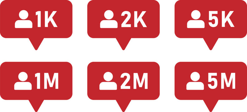 Follower Count Icons &ndash; Red Notification Badges with K and M Metrics
