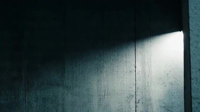 Concrete wall with rough textured panels and strong light and shadow contrast, minimalist urban architecture backdrop offering raw, weathered grey surface and ample copy space