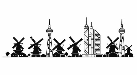 Fototapeta premium Modern city skyline blends with traditional windmills in a unique artistic depiction