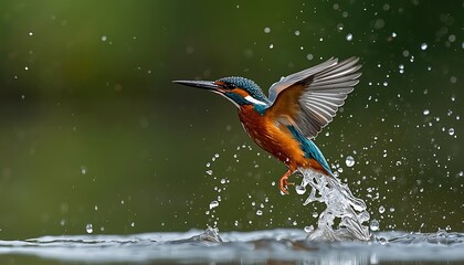 Obraz premium Vivid common kingfisher bird taking off from the water surface with beautiful splashes and droplets