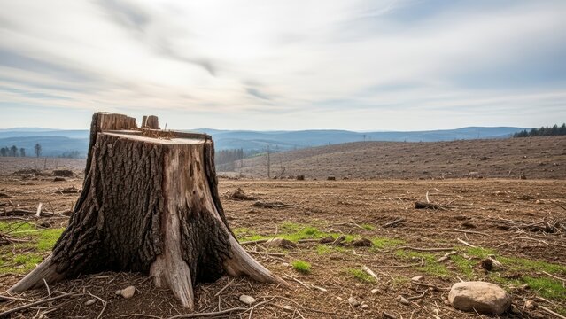 Desolate landscape with tree stump in a clear-cut area under cloudy sky, hills in background