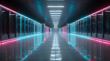 Fototapeta premium Symmetrical view down a long aisle of a server room with neon blue and magenta lighting strips on the ceiling and reflective floor surface.