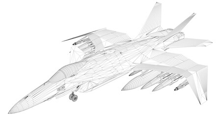 A sleek 3D wireframe model of a military fighter jet features detailed wings, a cockpit, and mounted missiles. The realistic aerodynamic design stands out sharply against a clean white background. © German Ovchinnikov