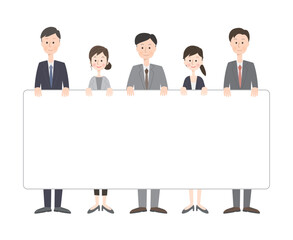 白いボードを持っているスーツ姿の男女