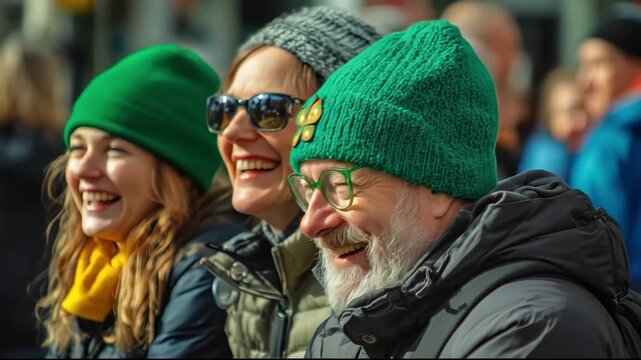 Family wearing green hats enjoying saint patrick's day parade