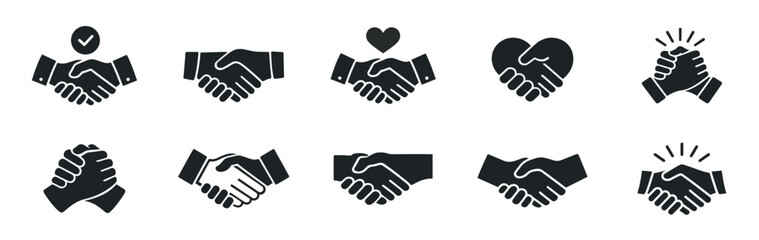 Business handshake icon set, partnership agreement symbol, friendly deal line and silhouette vector illustration, modern simple graphic elements on transparent background © Ira