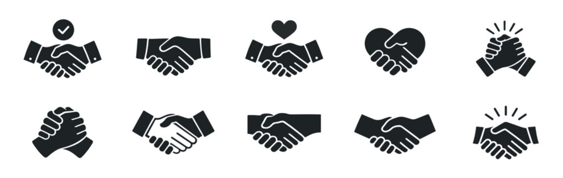 Business handshake icon set, partnership agreement symbol, friendly deal line and silhouette vector illustration, modern simple graphic elements on transparent background