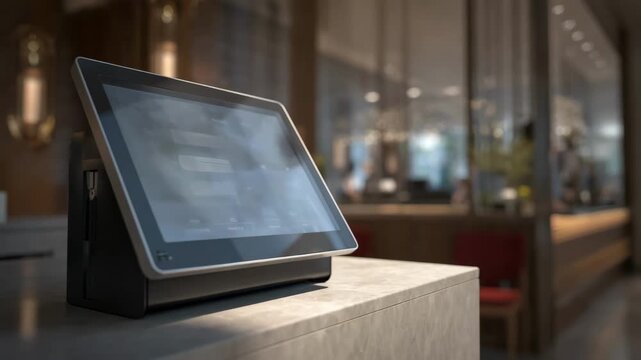 Touchscreen interface of wallmounted checkin system featuring queue status display main panel crisp reception desk and waiting area softly out of focus.