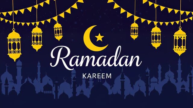 Ramadan Kareem Greeting with Mosque Silhouette, Crescent Moon, and Golden Lanterns