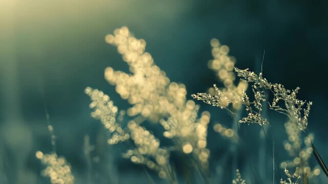 Dry grass panicles shimmer with a warm golden glow against a softly blurred teal background, capturing the quiet elegance of nature's beauty and tranquil moments