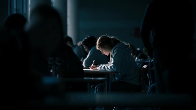 Medium shot of a small group of examinees working silently at individual desks with a proctors silhouette slightly blurred behind them.