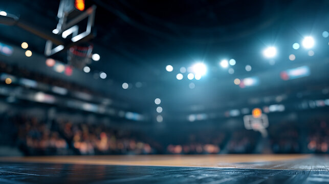 Empty basketball court with glowing lights and blurred spectators in background