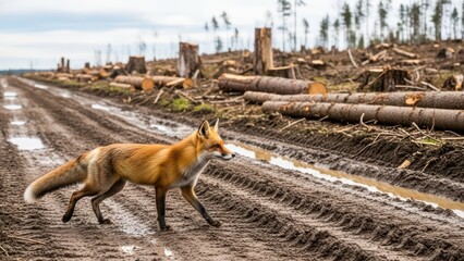 Obraz premium Red fox traversing muddy dirt road in deforested area with fallen logs and overcast sky