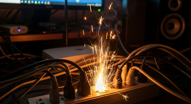 Sparking wires and electrical equipment in a dimly lit studio with sparks flying everywhere from a short circuit
