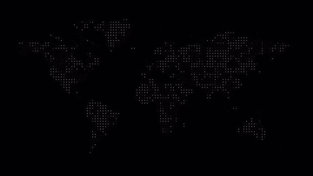 Digital shimmering particles form a dotted world map on a black background with an alpha channel. A minimalist animated glowing world map. Technology, global connections, and data visualization.