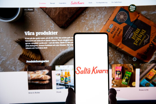 Salt&aring; Kvarn logo on a smartphone infront of their website. Link&ouml;ping, &Ouml;sterg&ouml;tland, Sweden. 02-03-2026