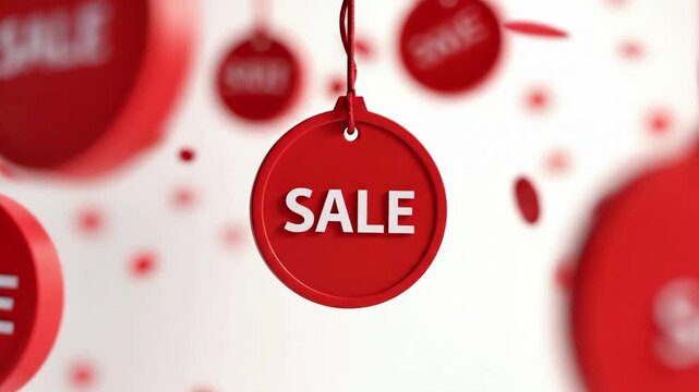 Red circular sale tags, one showing 9 percent off, hanging from strings for retail promotion concept