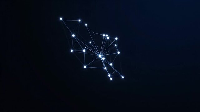 A dynamic abstract visualization shows white glowing nodes rapidly connecting with lines, expanding from a linear formation into a complex, centralized plexus network against a dark, cosmic backgroun