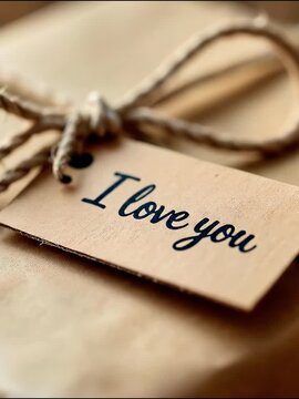 Close up of a wrapped gift box with a rustic string and a tag saying i love you, for romantic occasion