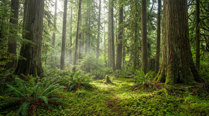 Fototapeta premium Lush forest scene with tall trees and ferns illuminated by soft sunlight in vibrant green setting. Forest environment features dense foliage and serene atmosphere,
