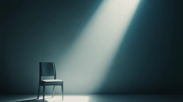 Single chair standing on a bare floor and brightly illuminated by a strong spot light creating a dramatic and mysterious atmosphere in a dark, empty studio room