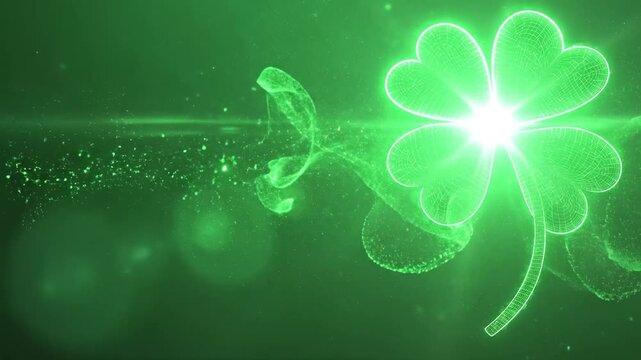 Glowing four-leaf clover representing luck and fortune on green background