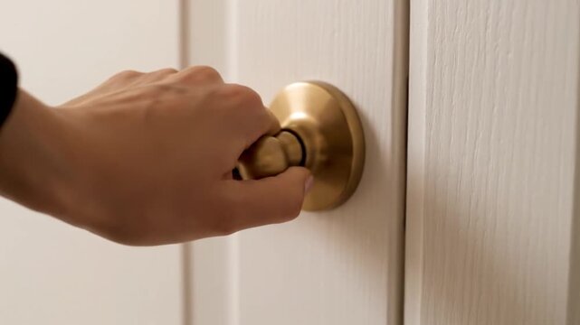 A person's hand turns a golden door knob on a white door, retracting the latch mechanism. The door slowly opens, revealing a bright, welcoming interior space.