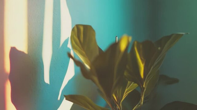 Fiddle leaf fig plant showing vibrant leaves and dramatic window pane shadows stretching across a dynamically lit wall blending warm sunlit areas with cool teal tones. Creating a tranquil indoor mood