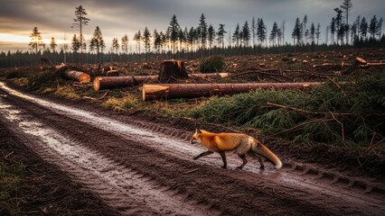 Obraz premium Solitary fox crosses muddy forest path amidst recently logged trees at sunset in northern wilderness
