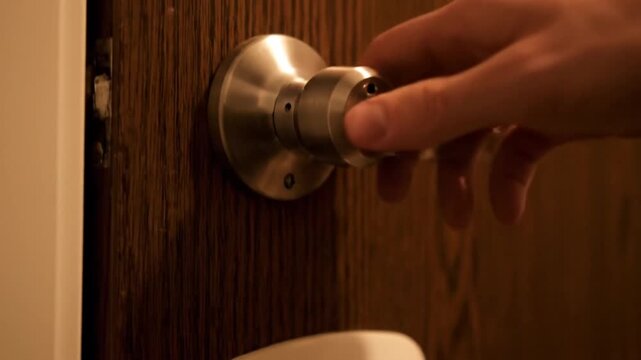 A hand first operates a white electronic lock component above a wooden door, potentially using a keycard or switch. The hand then grips the metallic doorknob, twisting it clockwise to unlock and open