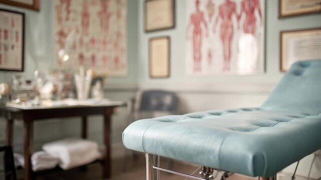 Medium shot of a private examination room with a neatly arranged exam table medical instruments and a general anatomy chart softly blurred in the background.