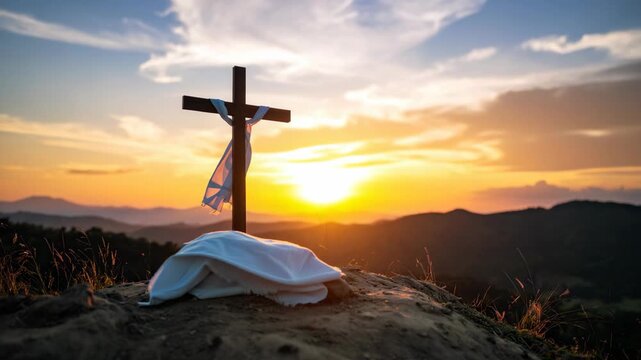 Wooden cross and burial shroud on hilltop at sunrise with rolling hills background