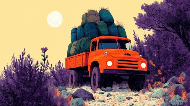 Camion orange charg&eacute; dans un paysage color&eacute;
