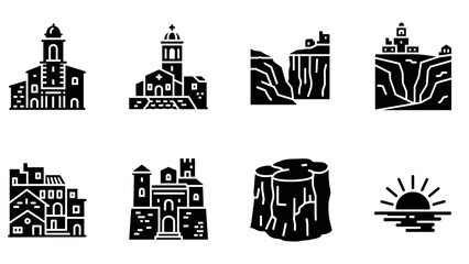 Obraz premium Monochrome historic buildings and landscapes vector icons set
