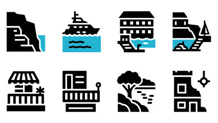 Naklejka premium Minimalist travel and leisure icons: coastal, urban, and nature-themed designs