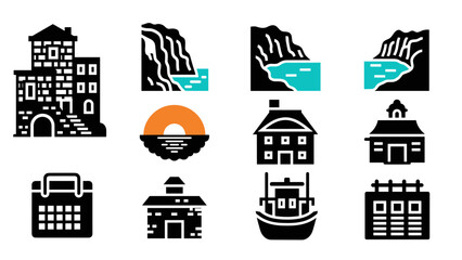 Minimalist coastal icon set: buildings, boats, and landscapes in bold style